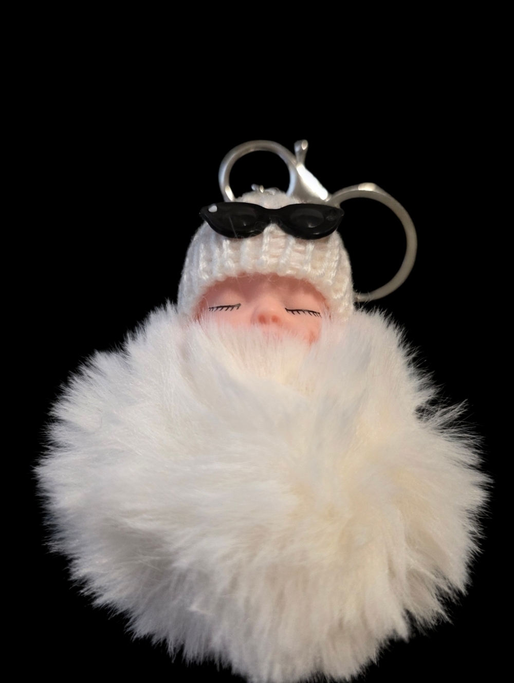 White Faux Fur Pom Bag Charm Keychain with Sleepy Doll Accent